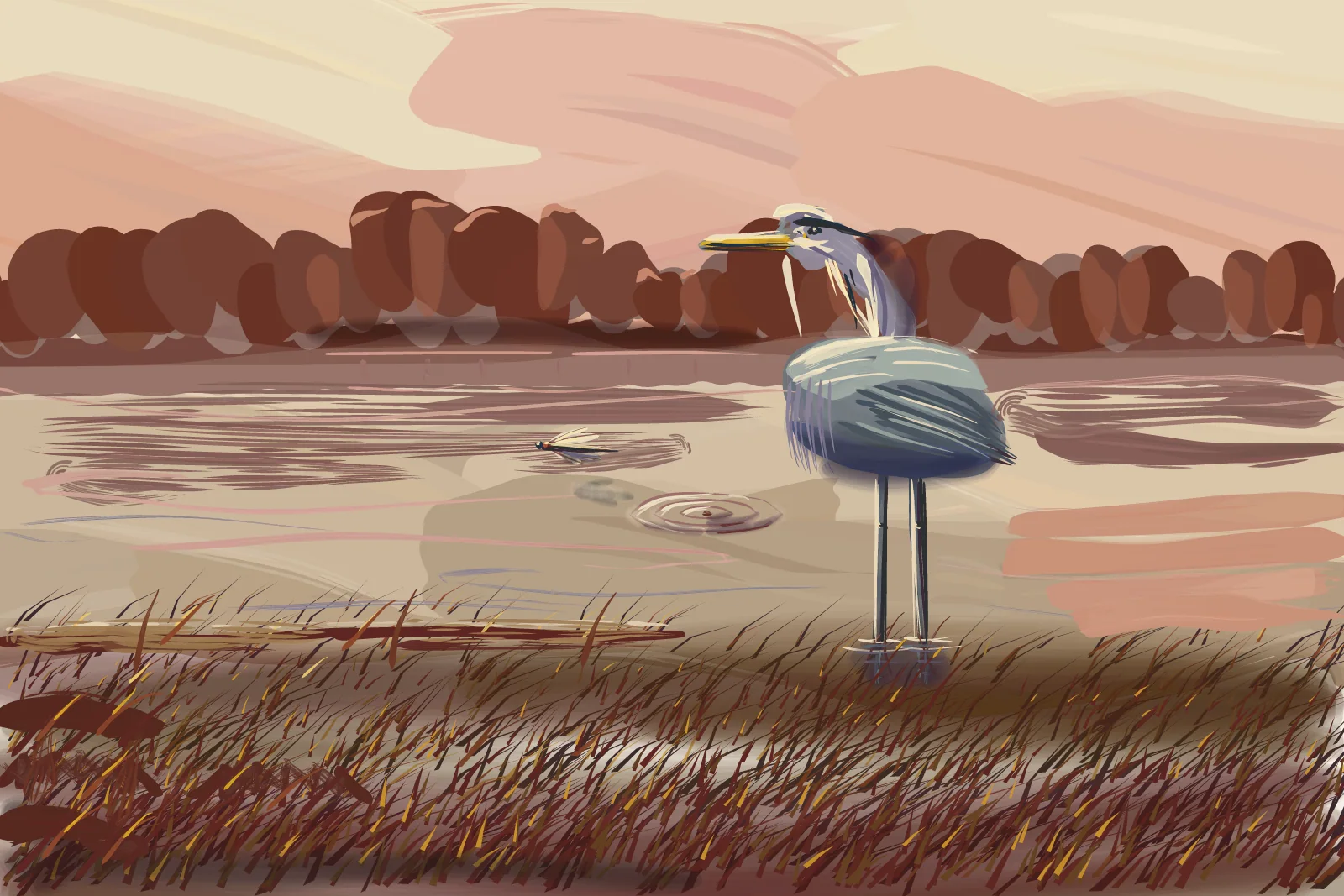 Heron, Autumn Marsh, a painting by Captain Underpaint