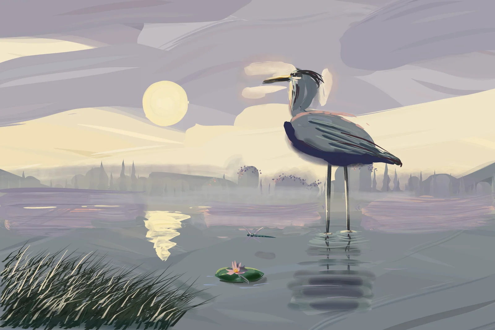 Heron in Morning Fog, a painting by Captain Underpaint