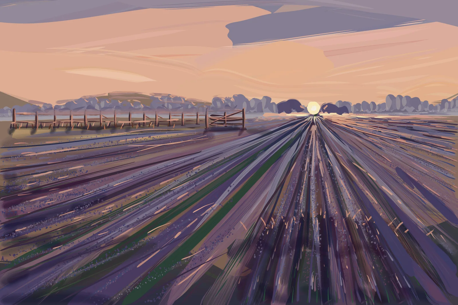 Lavender Rows at Dusk, a painting by Captain Underpaint