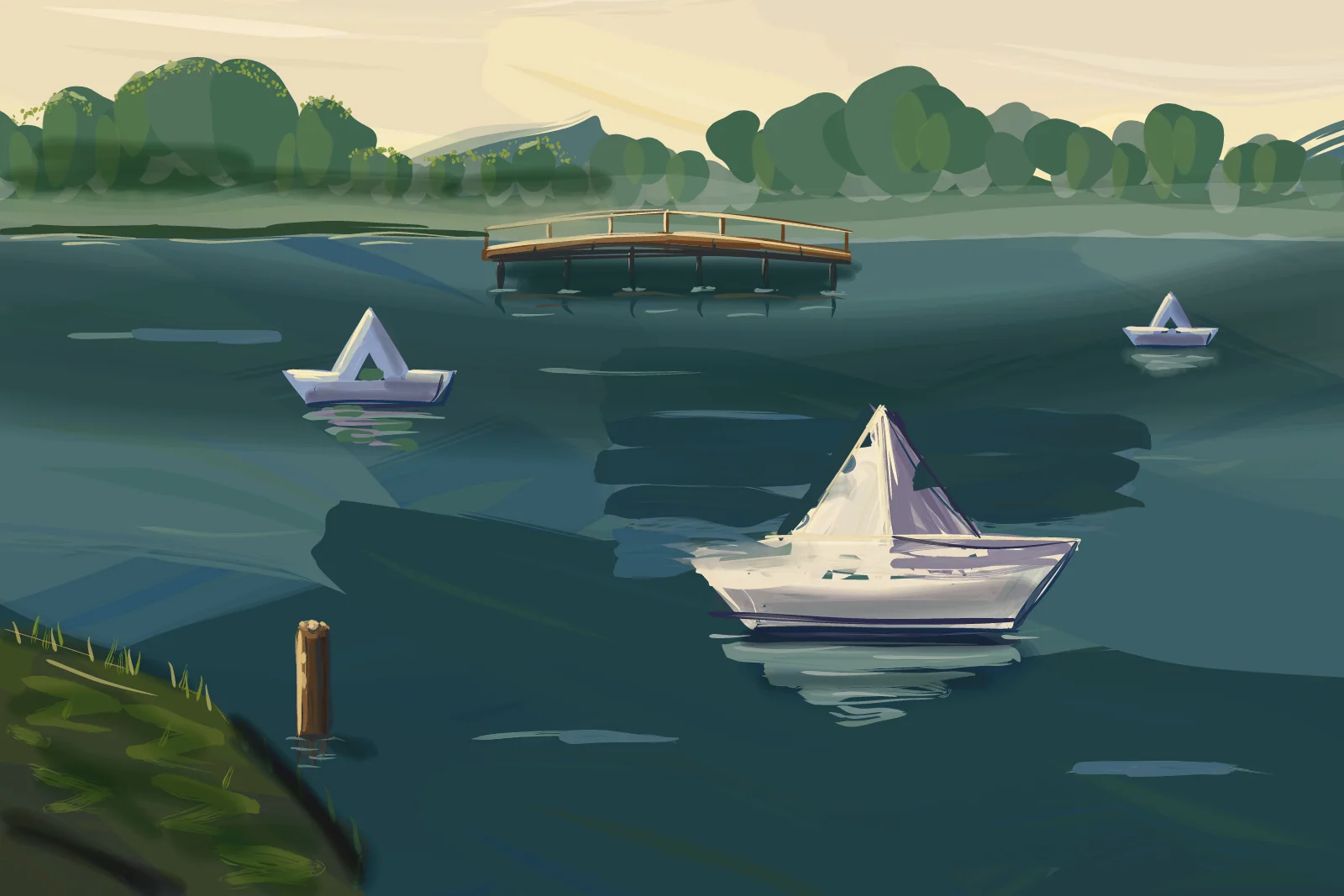 Paper Boats, Still Pond, a painting by Captain Underpaint