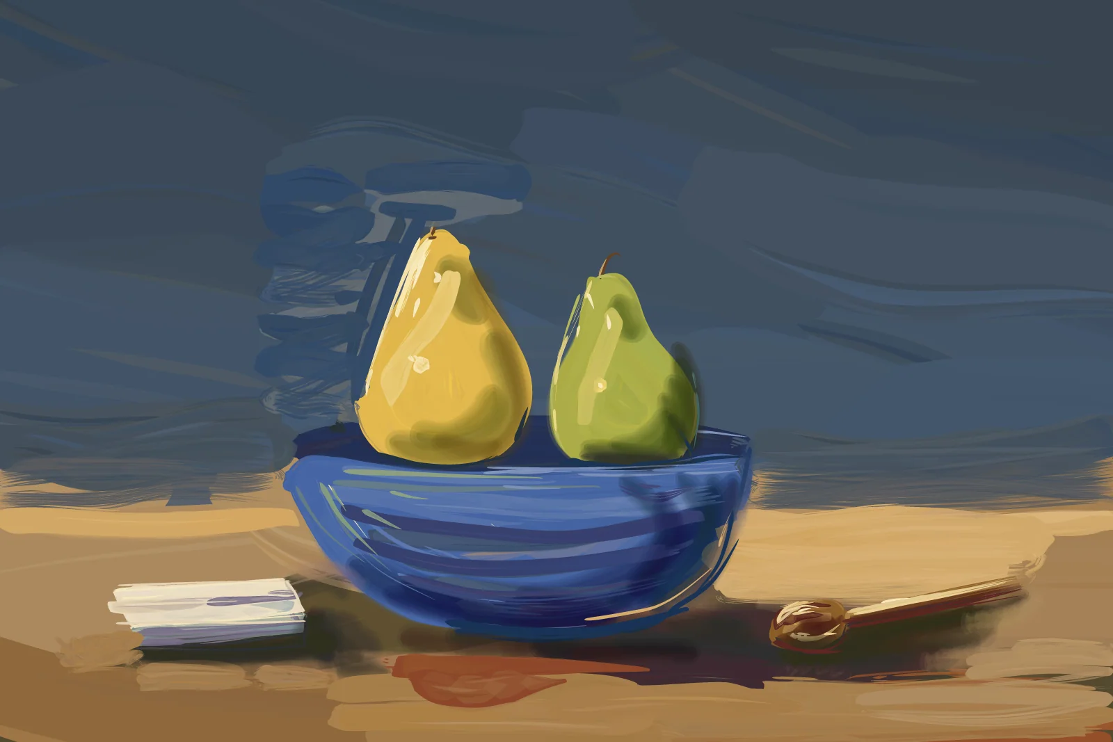 Pears in a Blue Bowl, a painting by Captain Underpaint