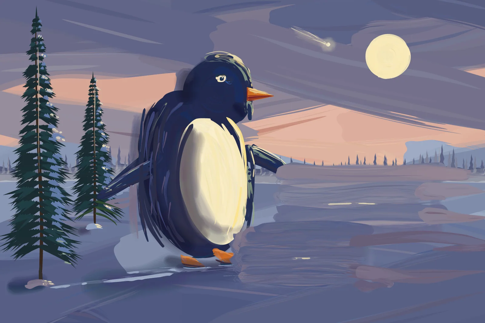 Penguin on Moonlit Ice, a painting by Captain Underpaint