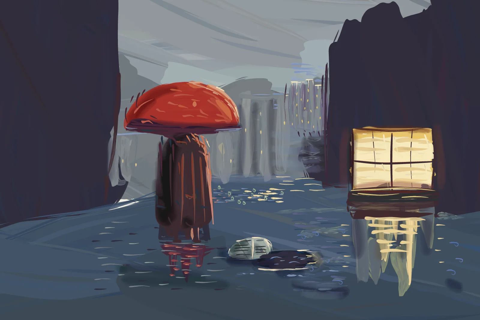Red Umbrella, Evening Rain, a painting by Captain Underpaint