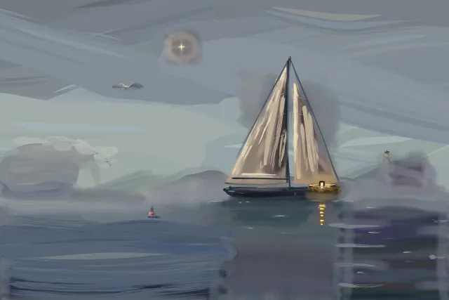 Sailboat, Grey Evening, a painting by Captain Underpaint
