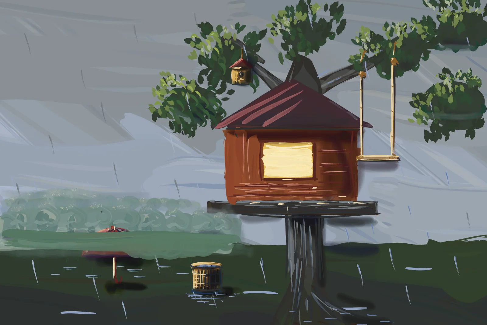 Treehouse, Rainy Evening, a painting by Captain Underpaint